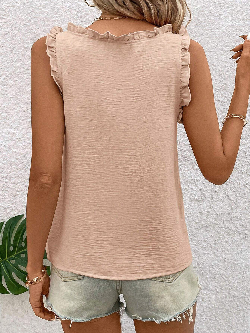 Ruffle Trim V Neck Textured Tank Top - Apricot - 4