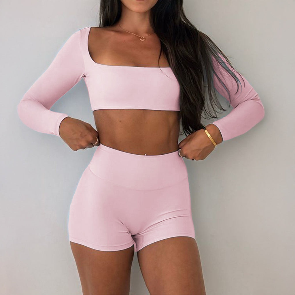 Square Neck Long Sleeve Workout Bike Short Set