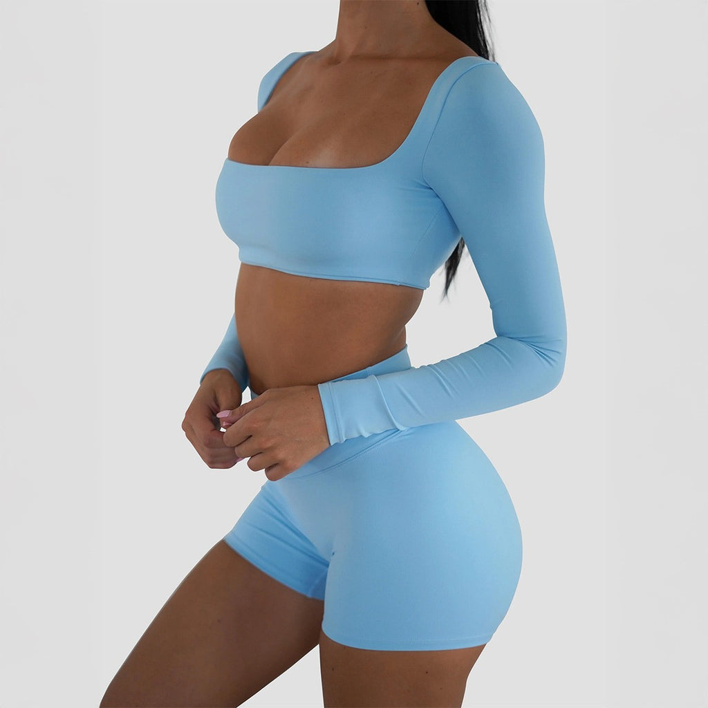 Square Neck Long Sleeve Workout Bike Short Set