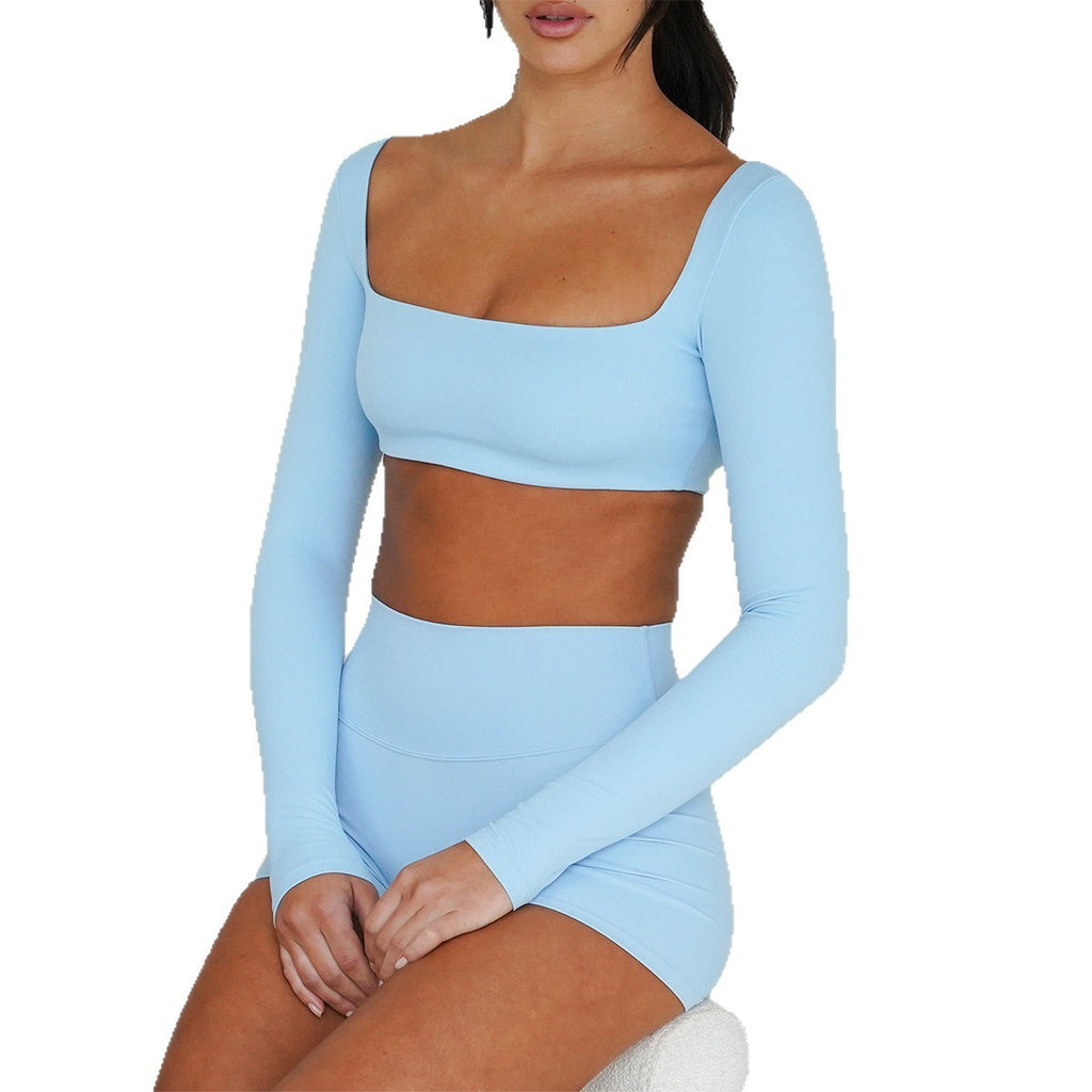 Square Neck Long Sleeve Workout Bike Short Set