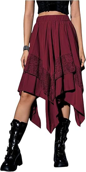Asymmetric Handkerchief Hem Layered Midi Skirt - Red