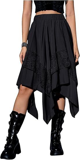 Asymmetric Handkerchief Hem Layered Midi Skirt - black