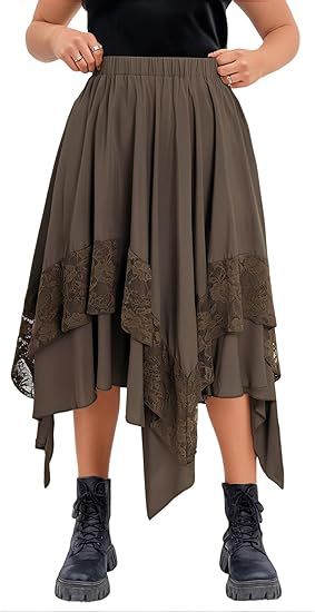 Asymmetric Handkerchief Hem Layered Midi Skirt - brown