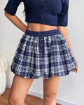 Plaid Bubble Hem Mini Skirt - Dark-Blue