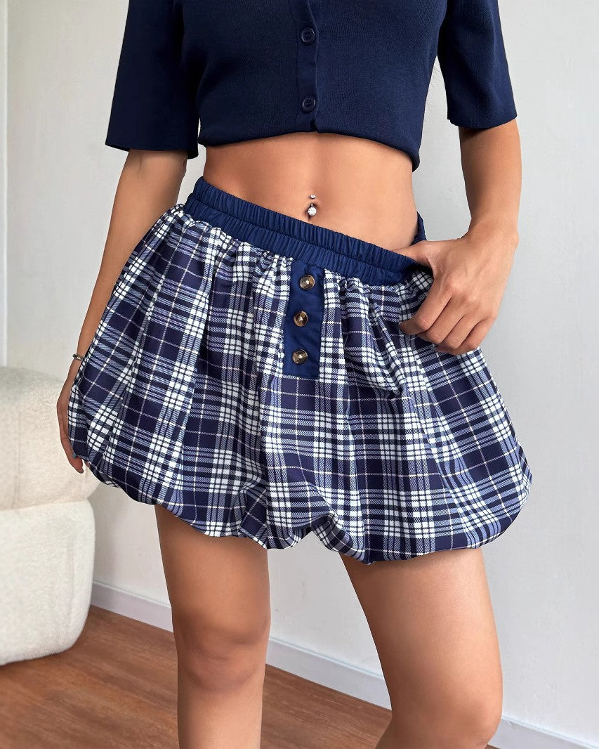 Plaid Bubble Hem Mini Skirt - Dark-Blue - 1