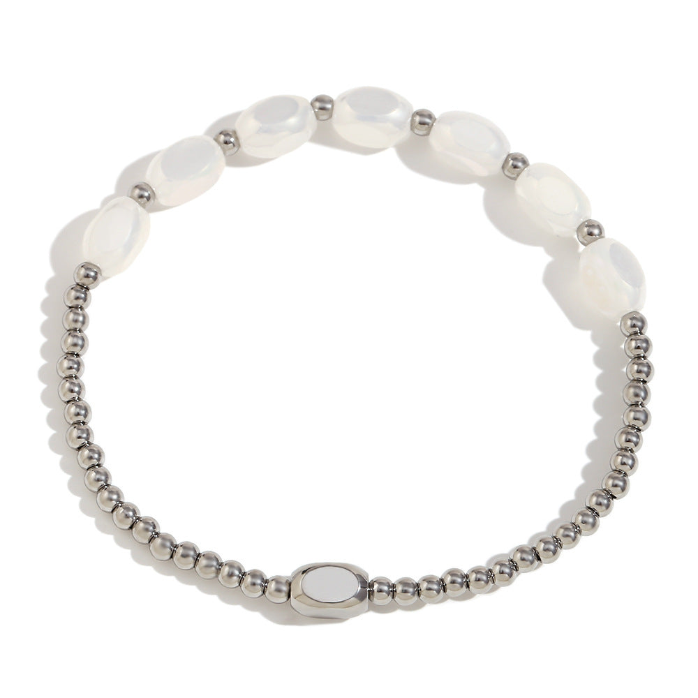 Glass Oval Bead Stretch Layering Bracelet - White