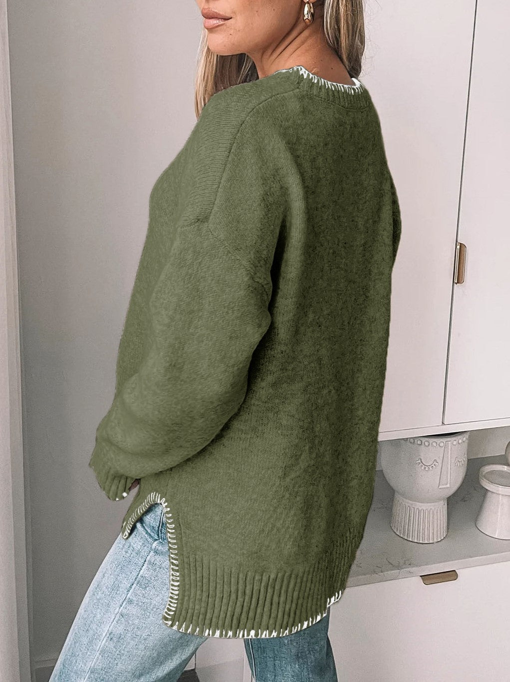 Blanket Stitch Trim Crewneck Sweater - Green - 1