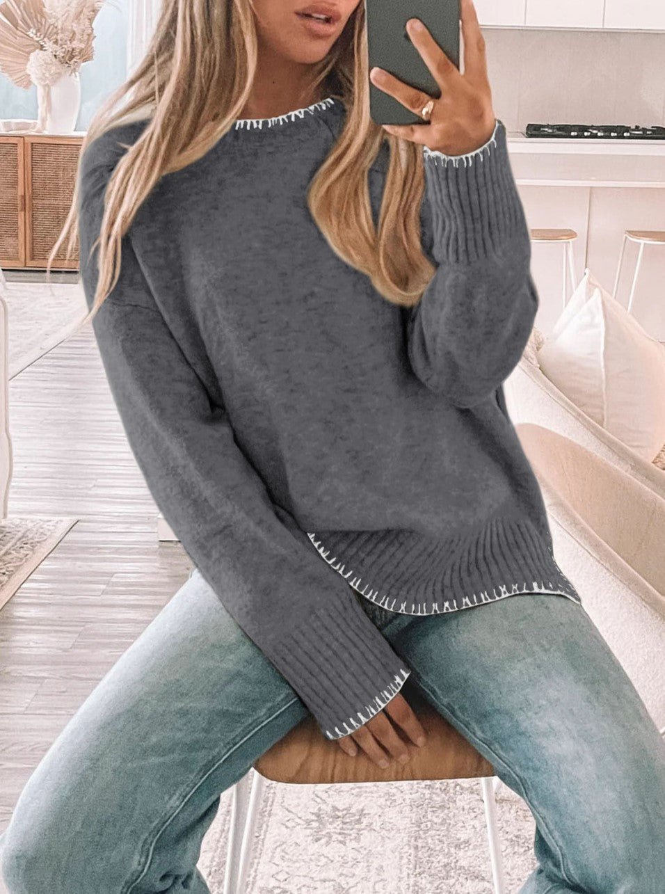 Blanket Stitch Trim Crewneck Sweater - Grey - 1