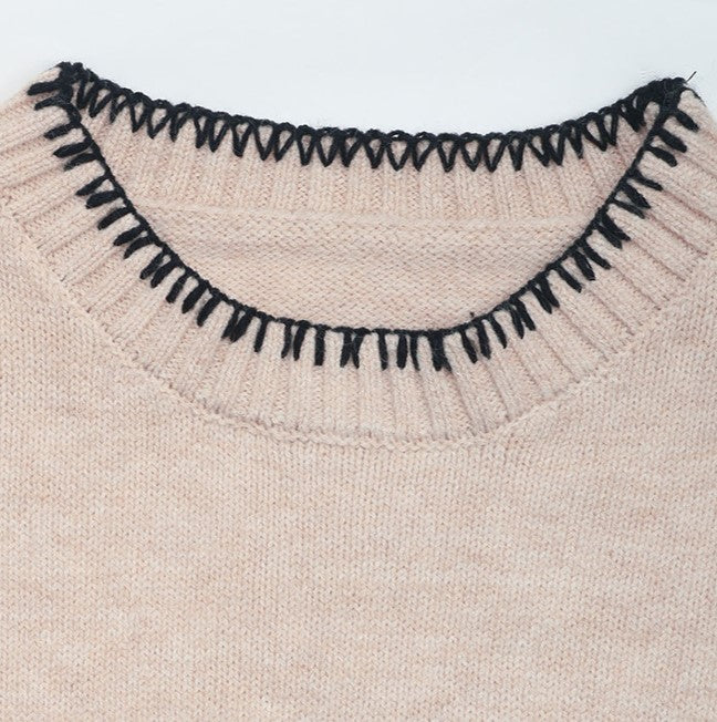 Blanket Stitch Trim Crewneck Sweater - Khaki - 2