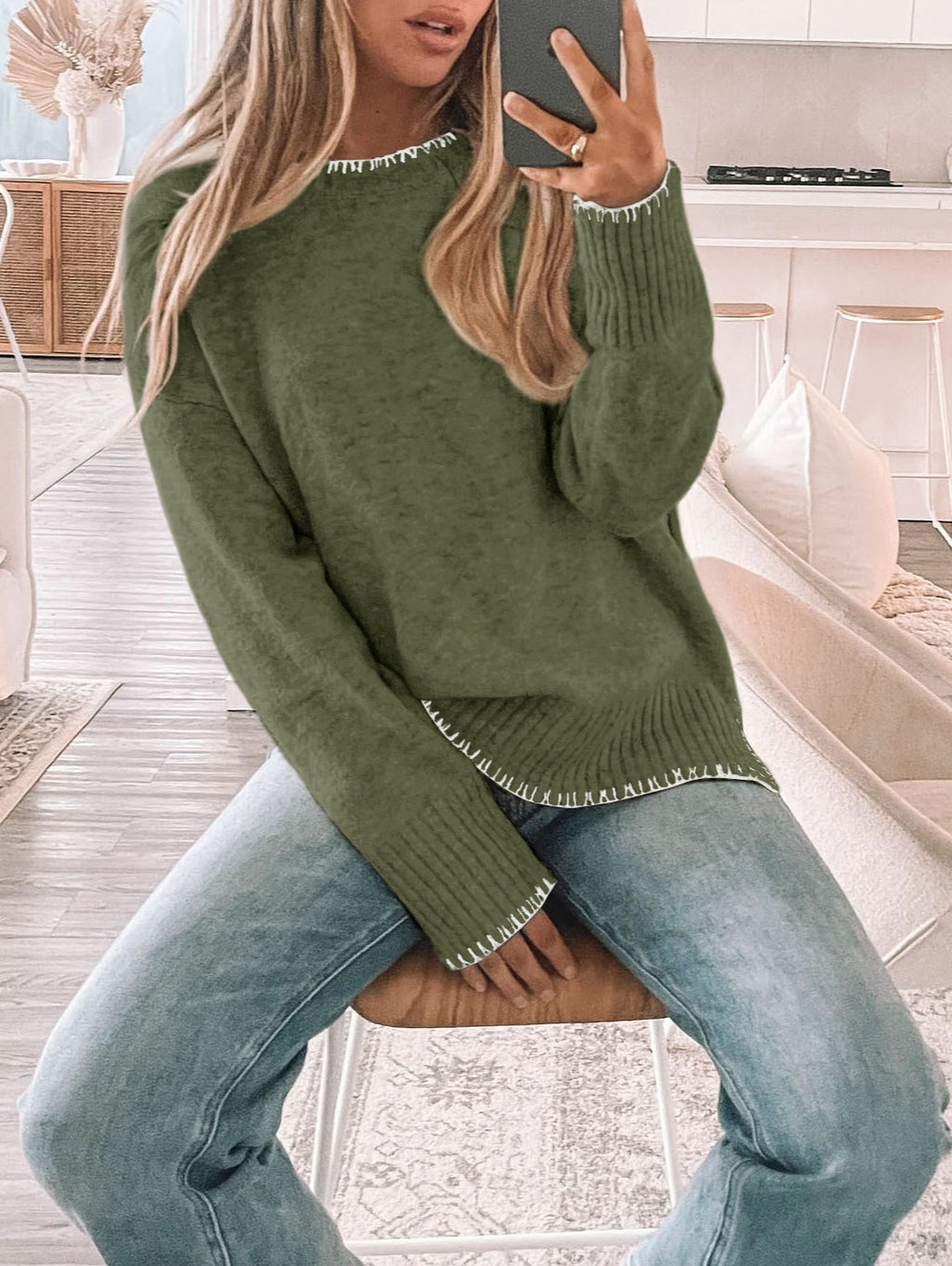 Blanket Stitch Trim Crewneck Sweater