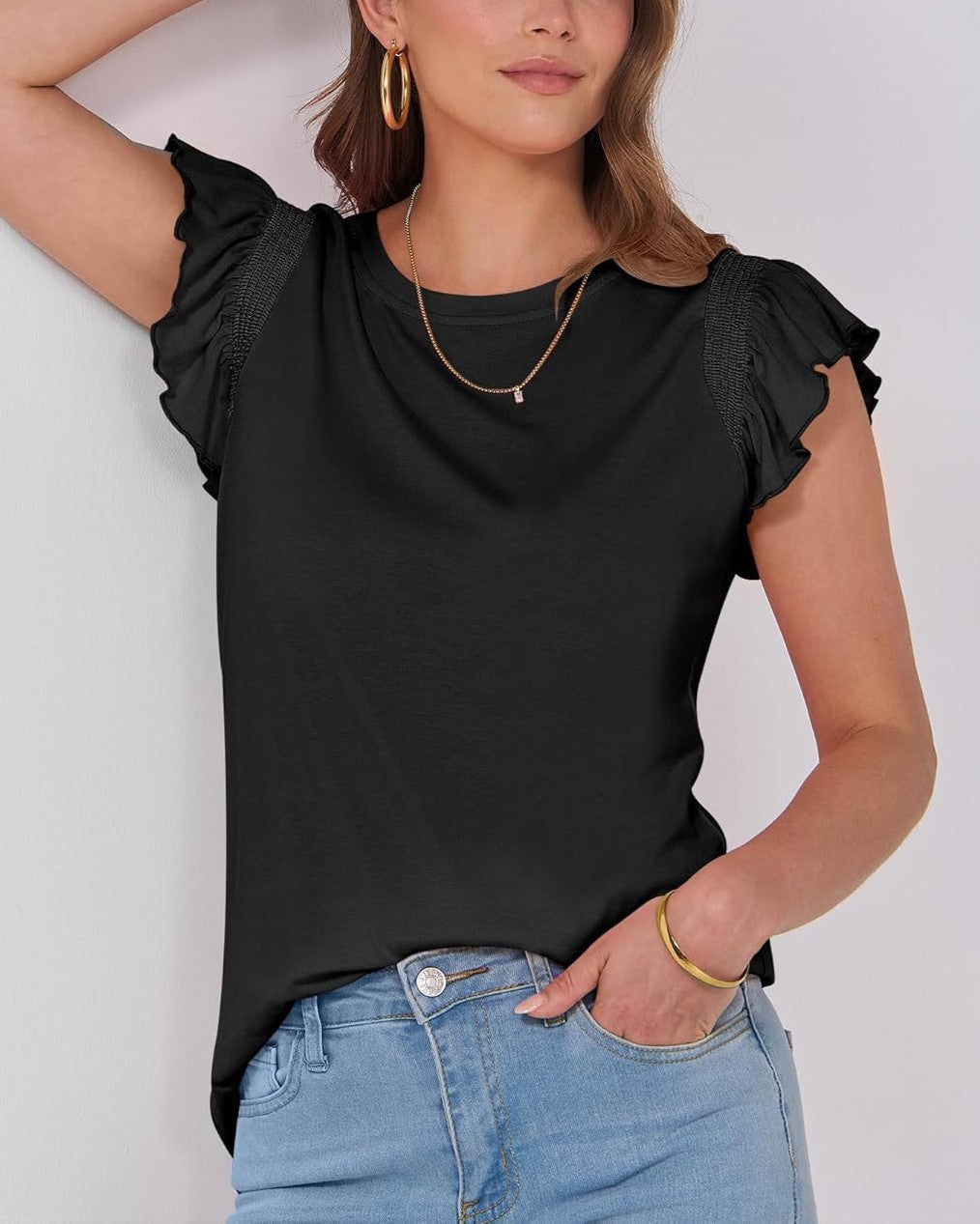 Ruffle Cap Sleeve Round Neck Tee - Black