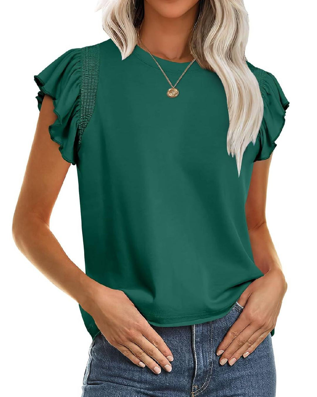 Ruffle Cap Sleeve Round Neck Tee - Green - 1
