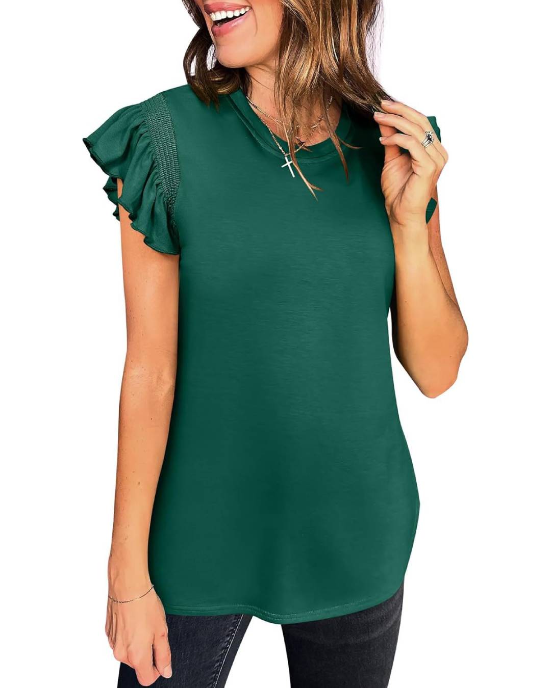 Ruffle Cap Sleeve Round Neck Tee - Green - 2