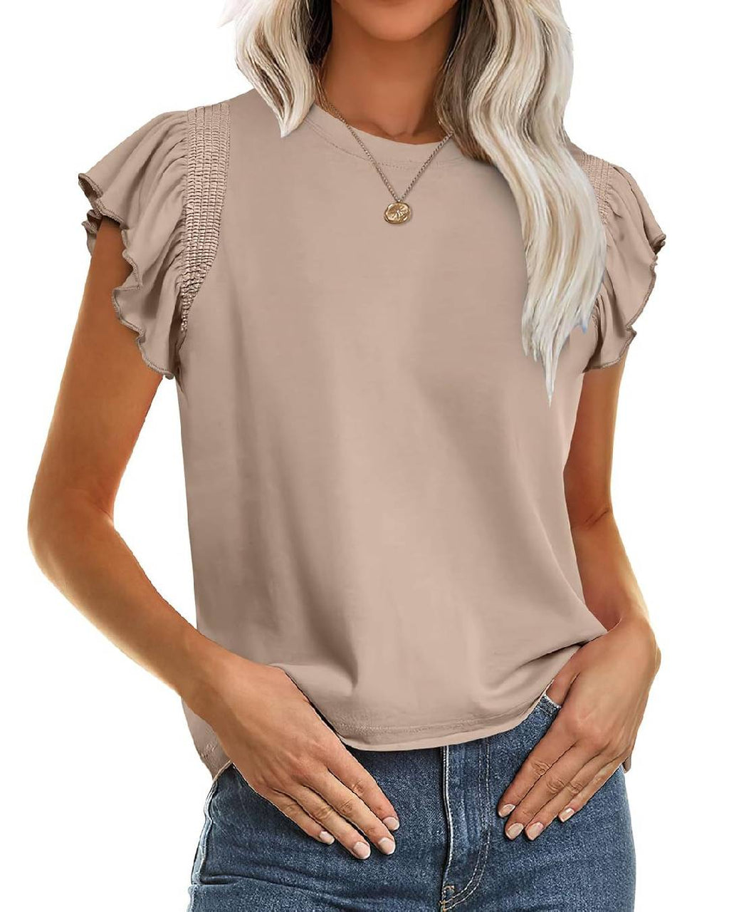 Ruffle Cap Sleeve Round Neck Tee - Khaki