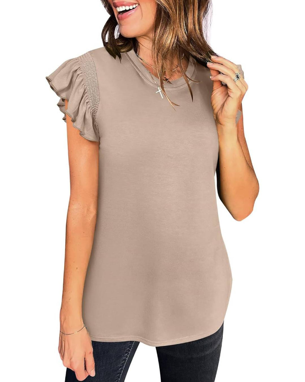 Ruffle Cap Sleeve Round Neck Tee - Khaki - 1