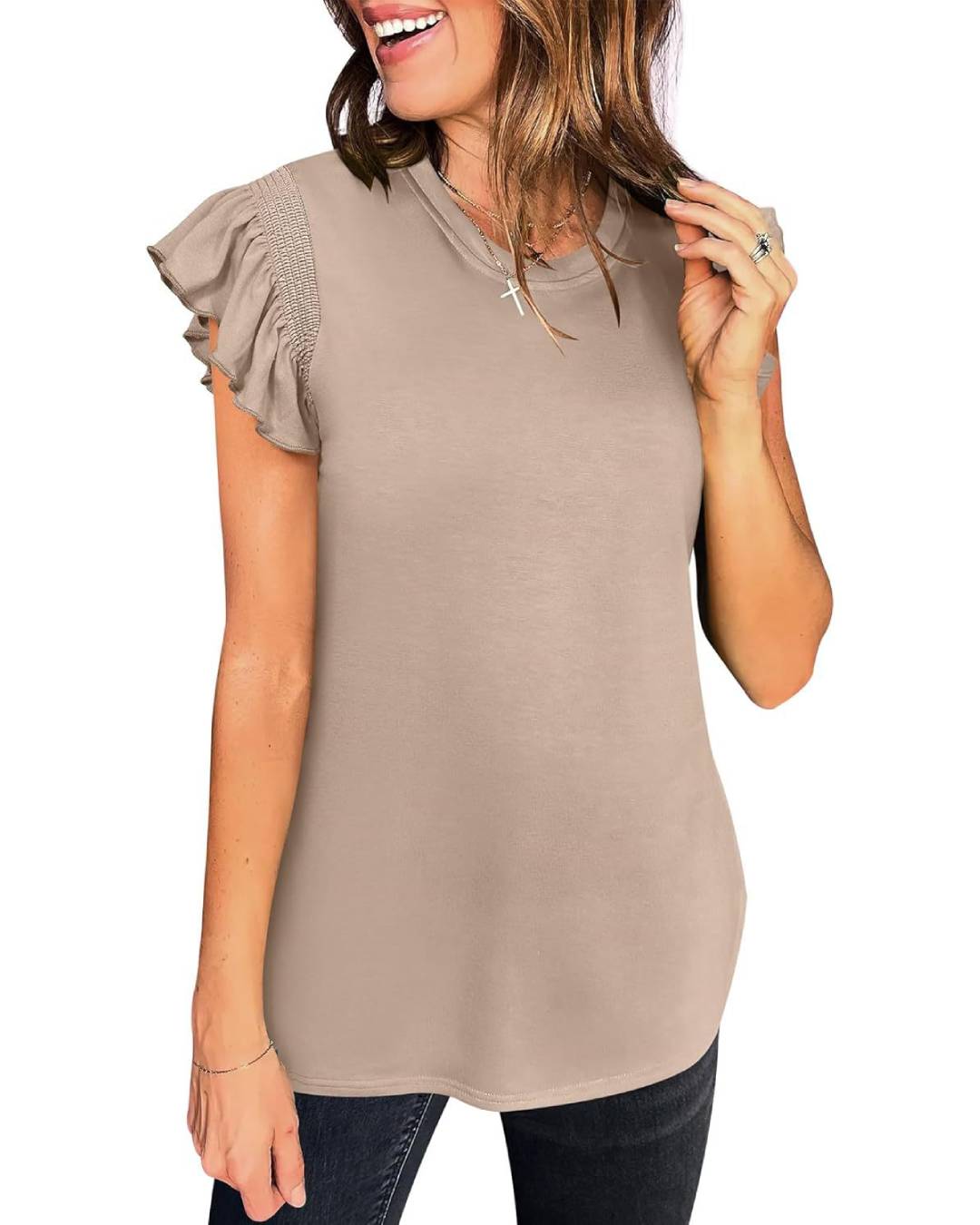 Ruffle Cap Sleeve Round Neck Tee - Khaki - 1
