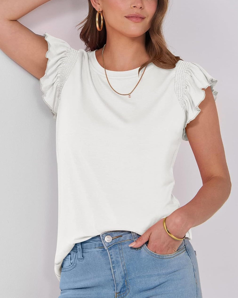 Ruffle Cap Sleeve Round Neck Tee - White