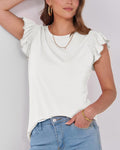Ruffle Cap Sleeve Round Neck Tee - White