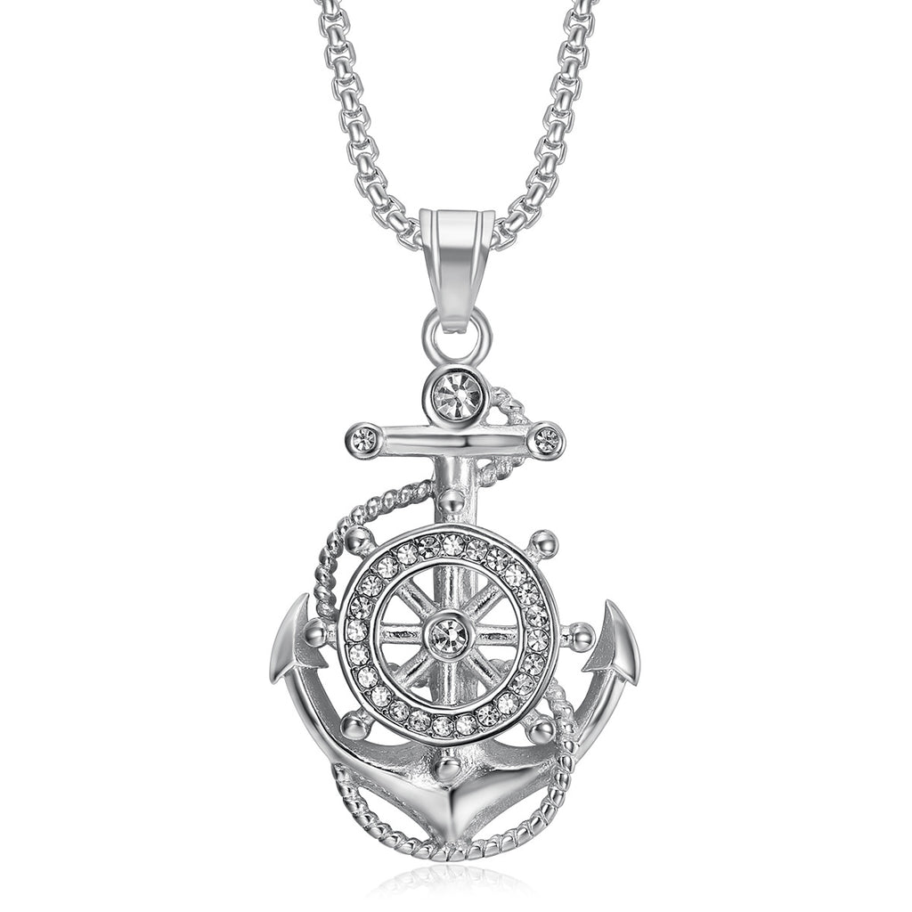 Nautical Anchor Wheel Pendant Chain Necklace - Steel