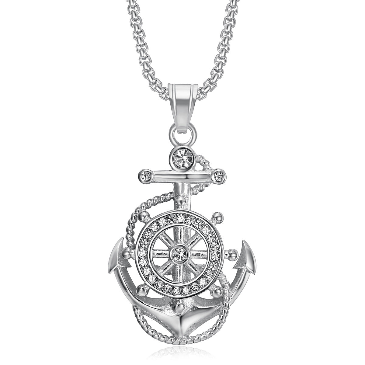 Nautical Anchor Wheel Pendant Chain Necklace - Steel