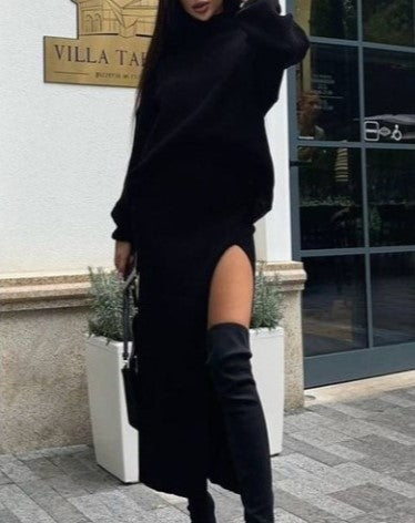 Turtleneck Sweater And Slit Skirt Knit Set - Black