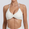 Ruched Strappy Halter Padded Yoga Sports Bra - Cream