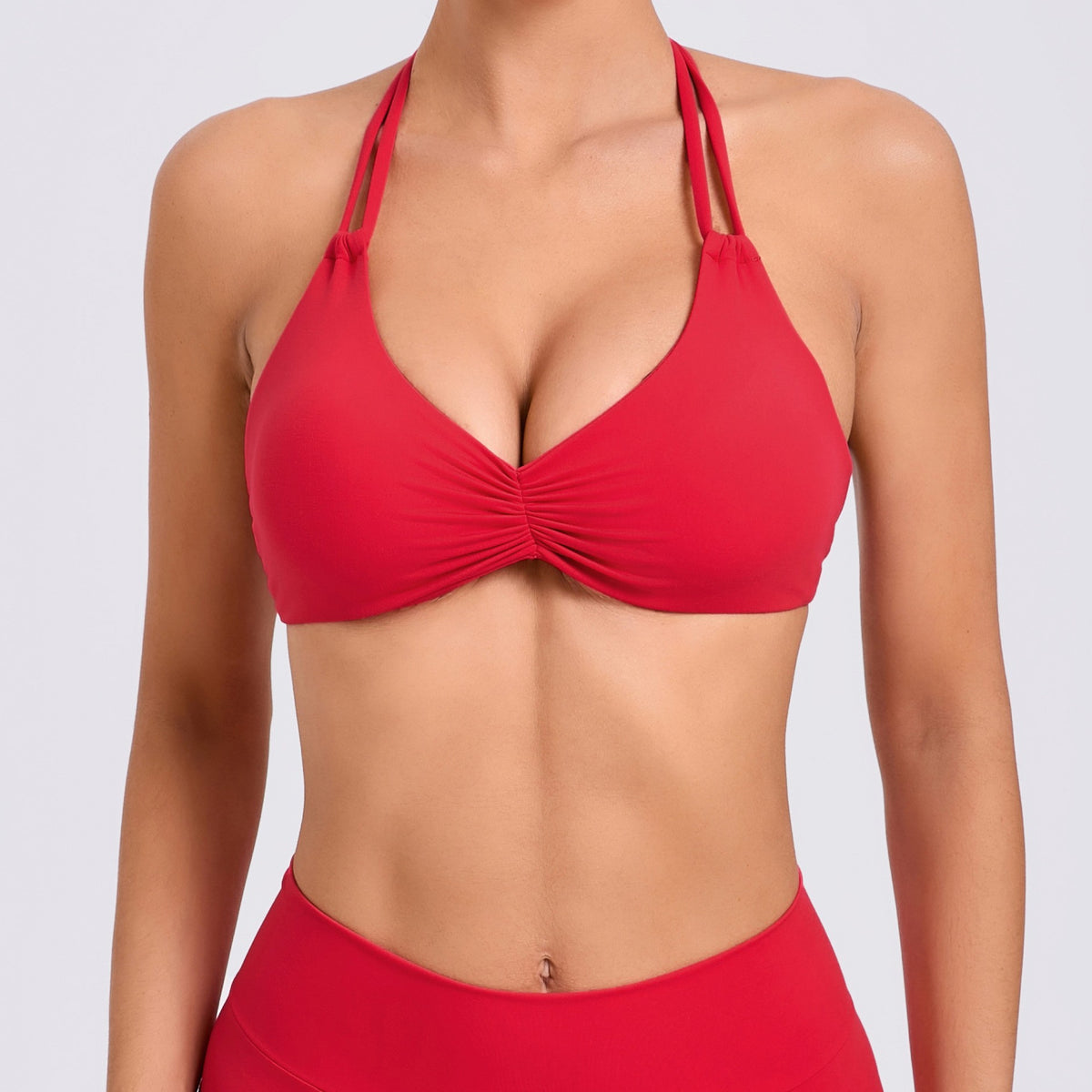 Ruched Strappy Halter Padded Yoga Sports Bra