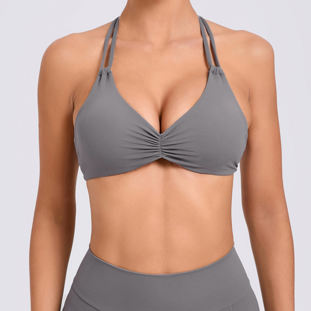 Ruched Strappy Halter Padded Yoga Sports Bra