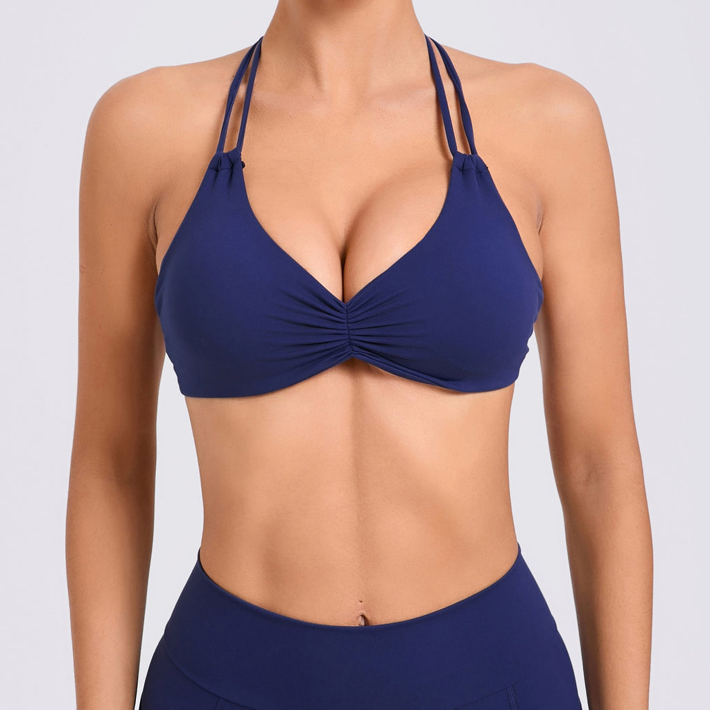 Ruched Strappy Halter Padded Yoga Sports Bra
