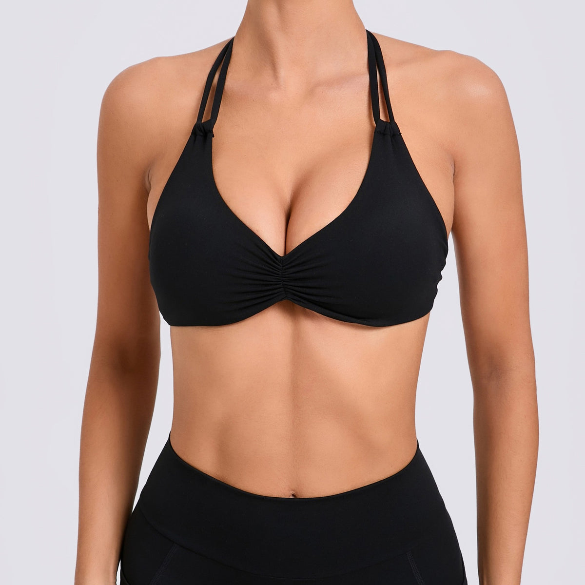 Ruched Strappy Halter Padded Yoga Sports Bra