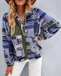 Patchwork Print Plush Button Up Jacket - Blue