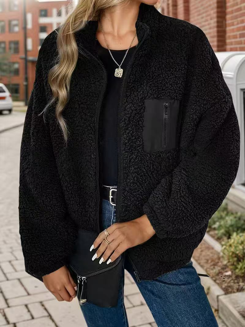 Cozy Teddy Sherpa Collared Zip Jacket - Black