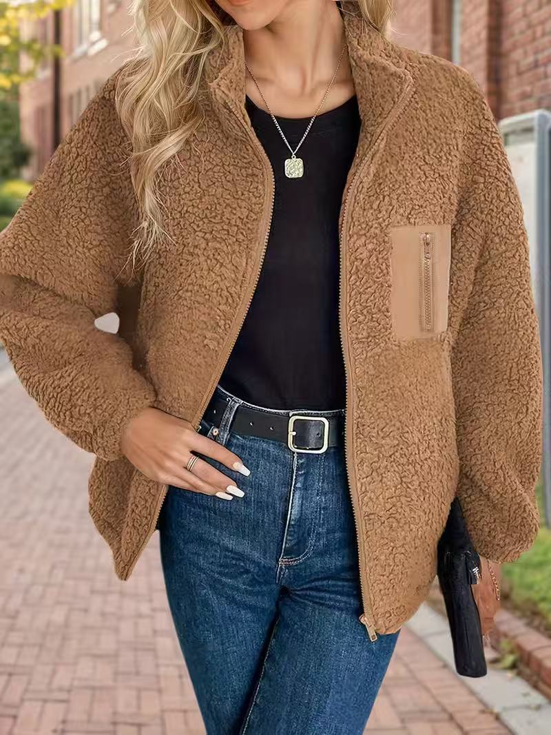 Cozy Teddy Sherpa Collared Zip Jacket - Caramel