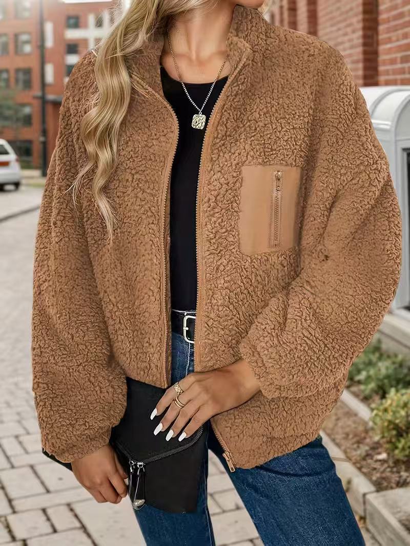 Cozy Teddy Sherpa Collared Zip Jacket - Caramel - 1