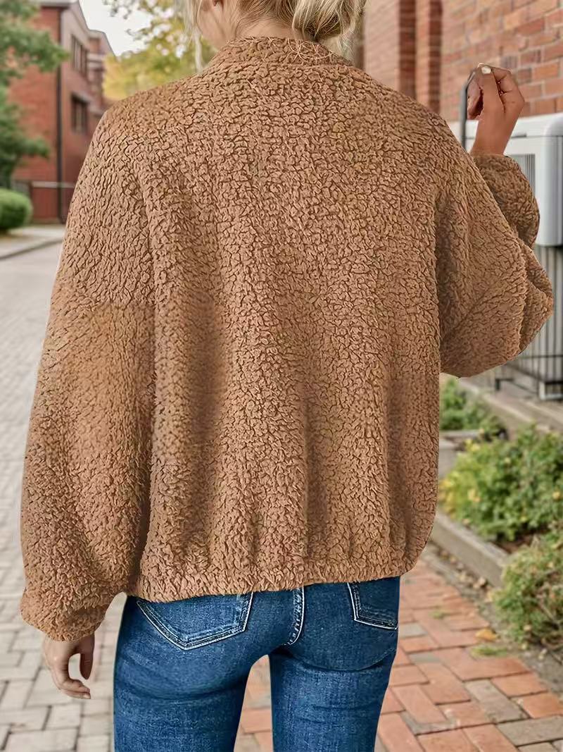 Cozy Teddy Sherpa Collared Zip Jacket - Caramel - 2
