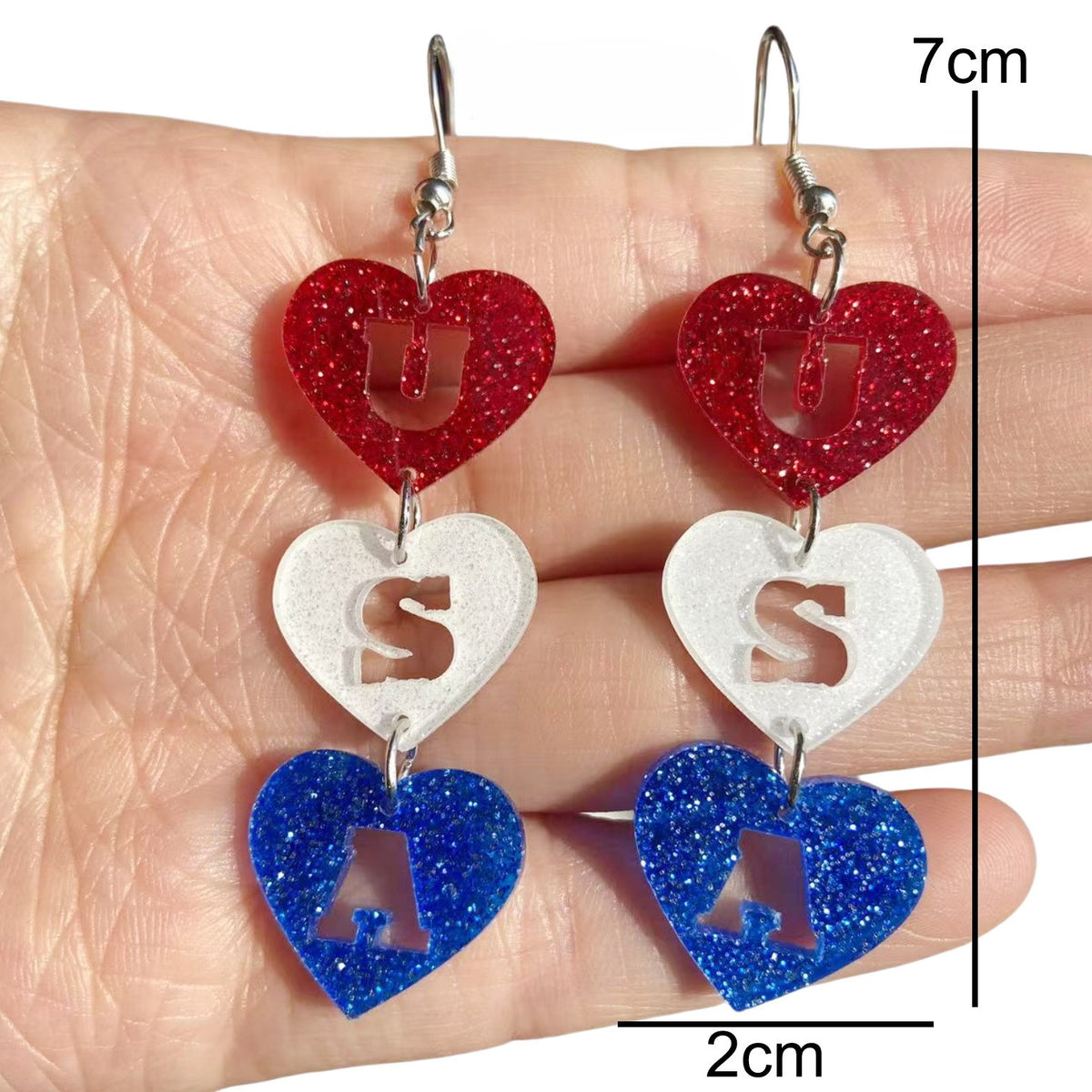 USA Heart Stack Acrylic Dangle Earrings - Glitter