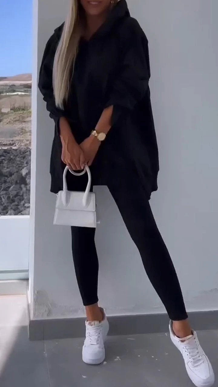 Split Hem Hoodie and Ribbed Leggings Athletic Set - Black