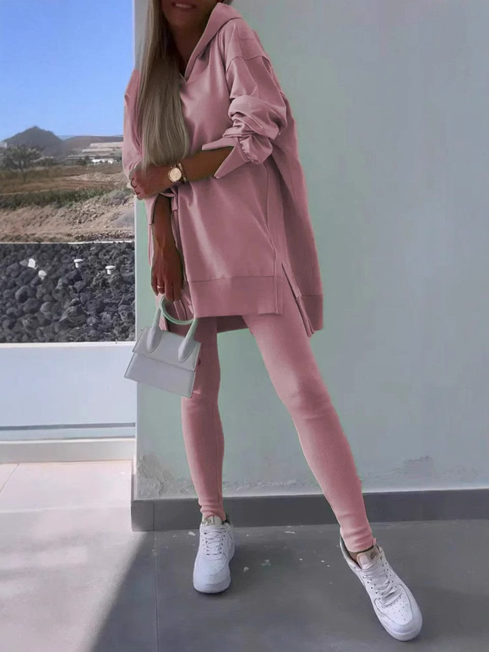 Split Hem Hoodie and Ribbed Leggings Athletic Set - Dusty Pink
