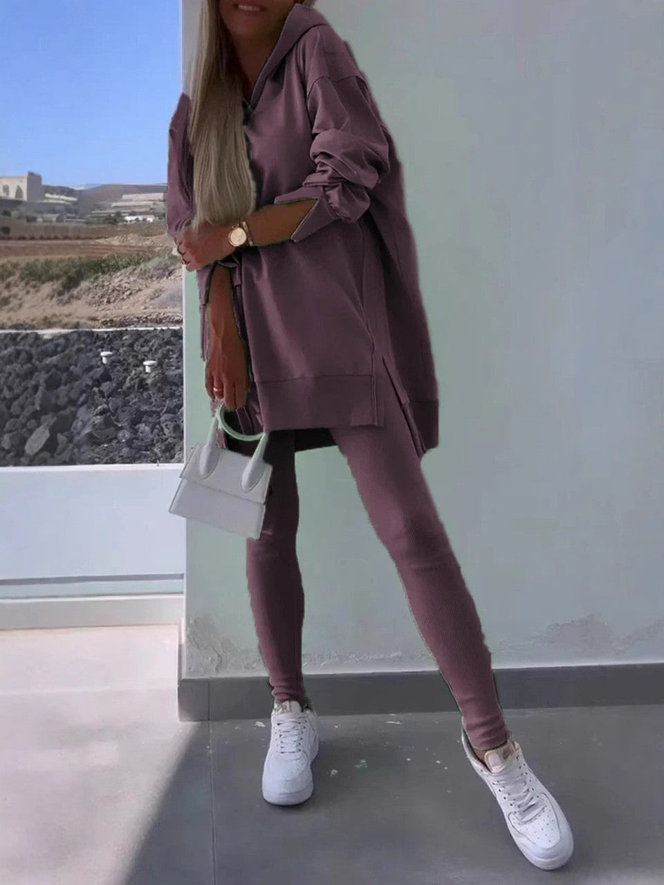 Split Hem Hoodie and Ribbed Leggings Athletic Set - Mauve