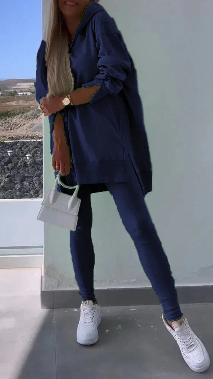 Split Hem Hoodie and Ribbed Leggings Athletic Set - Navy