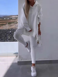 Split Hem Hoodie and Ribbed Leggings Athletic Set - White