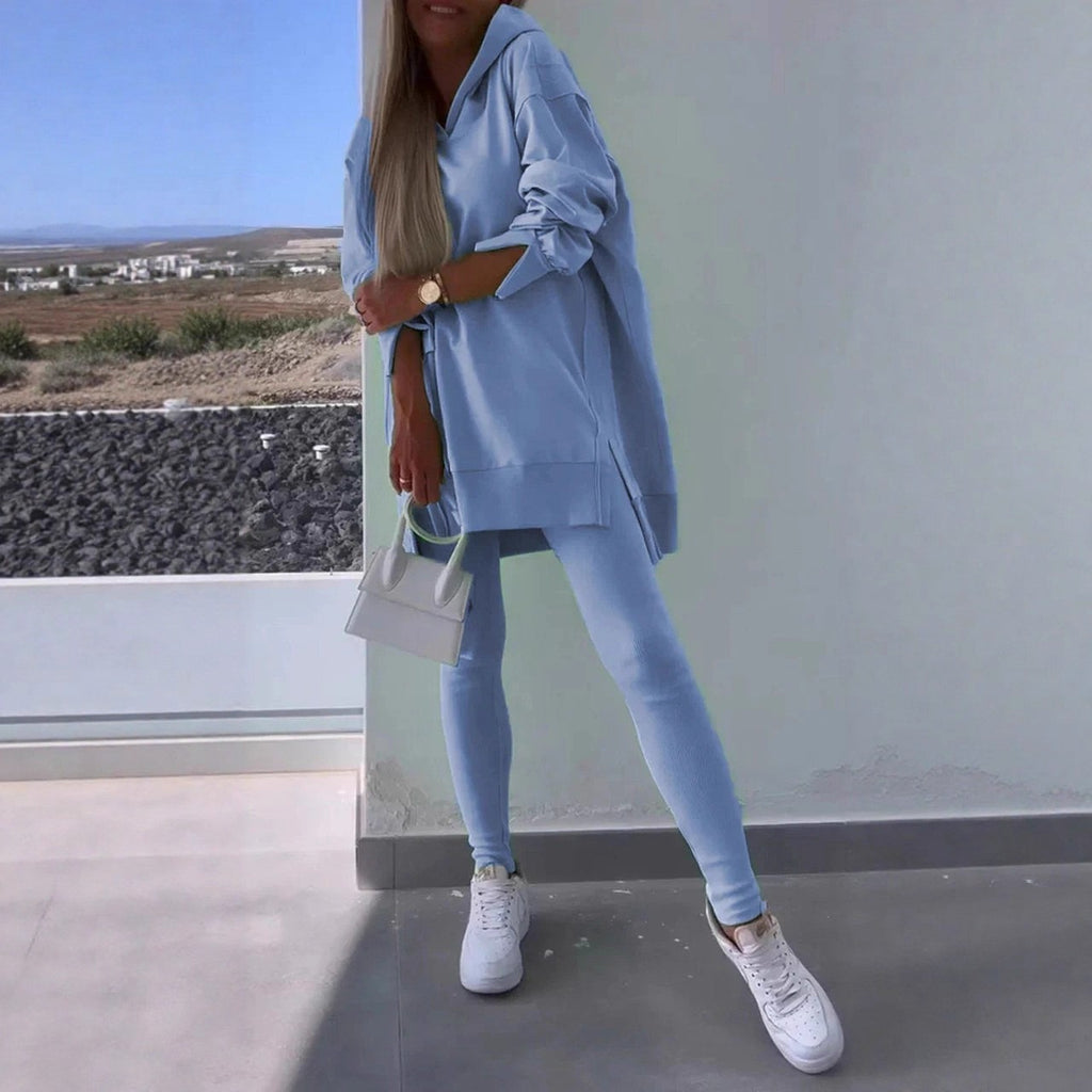 Split Hem Hoodie and Ribbed Leggings Athletic Set