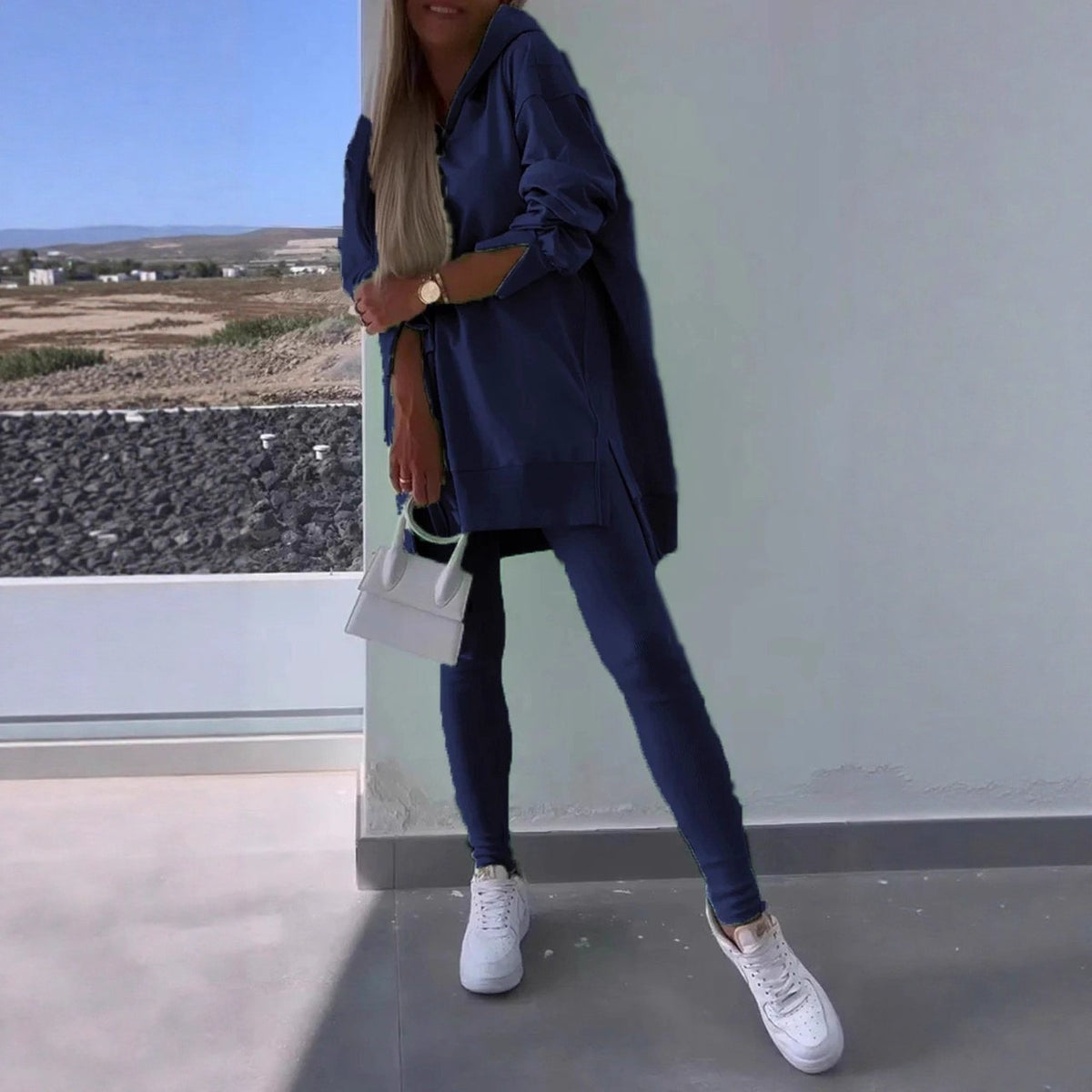 Split Hem Hoodie and Ribbed Leggings Athletic Set