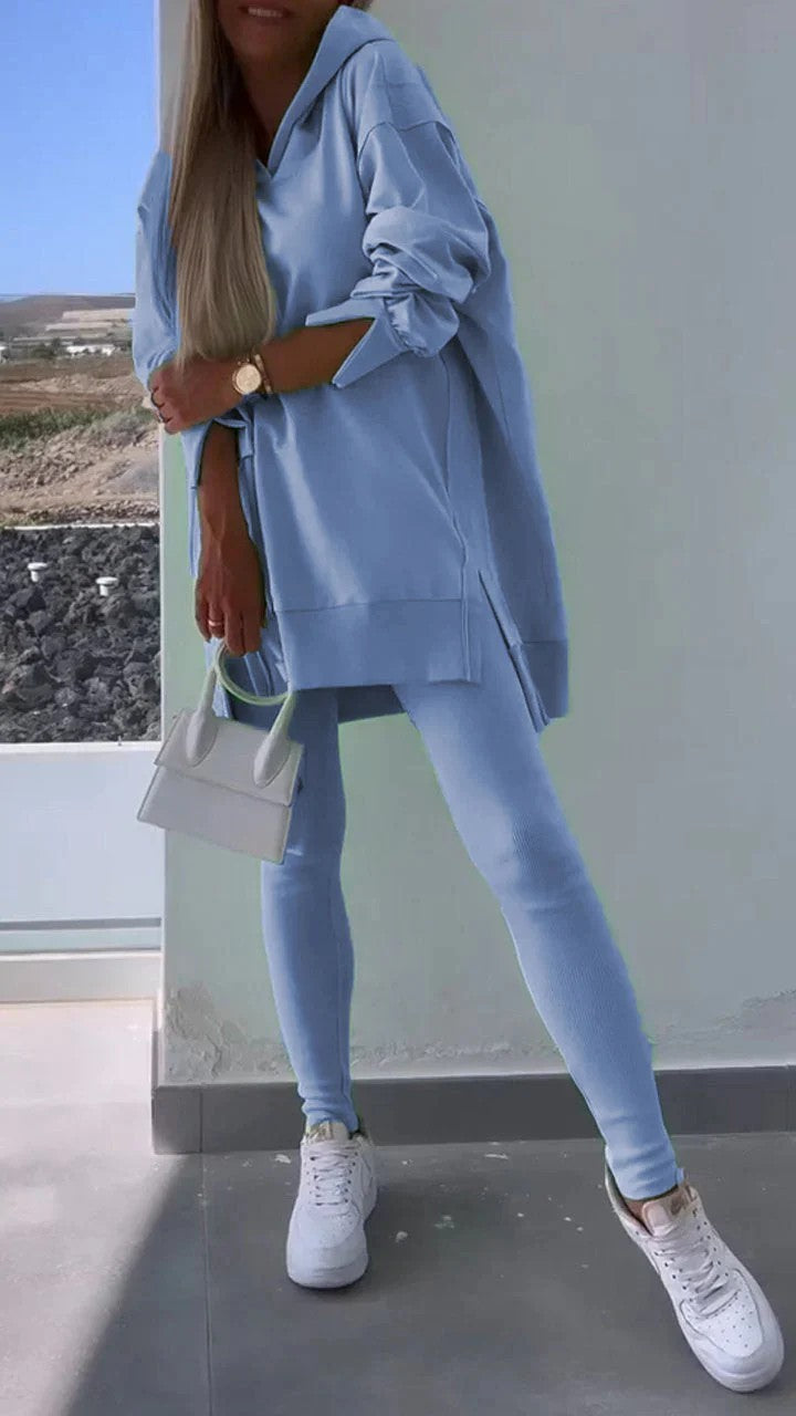 Split Hem Hoodie and Ribbed Leggings Athletic Set