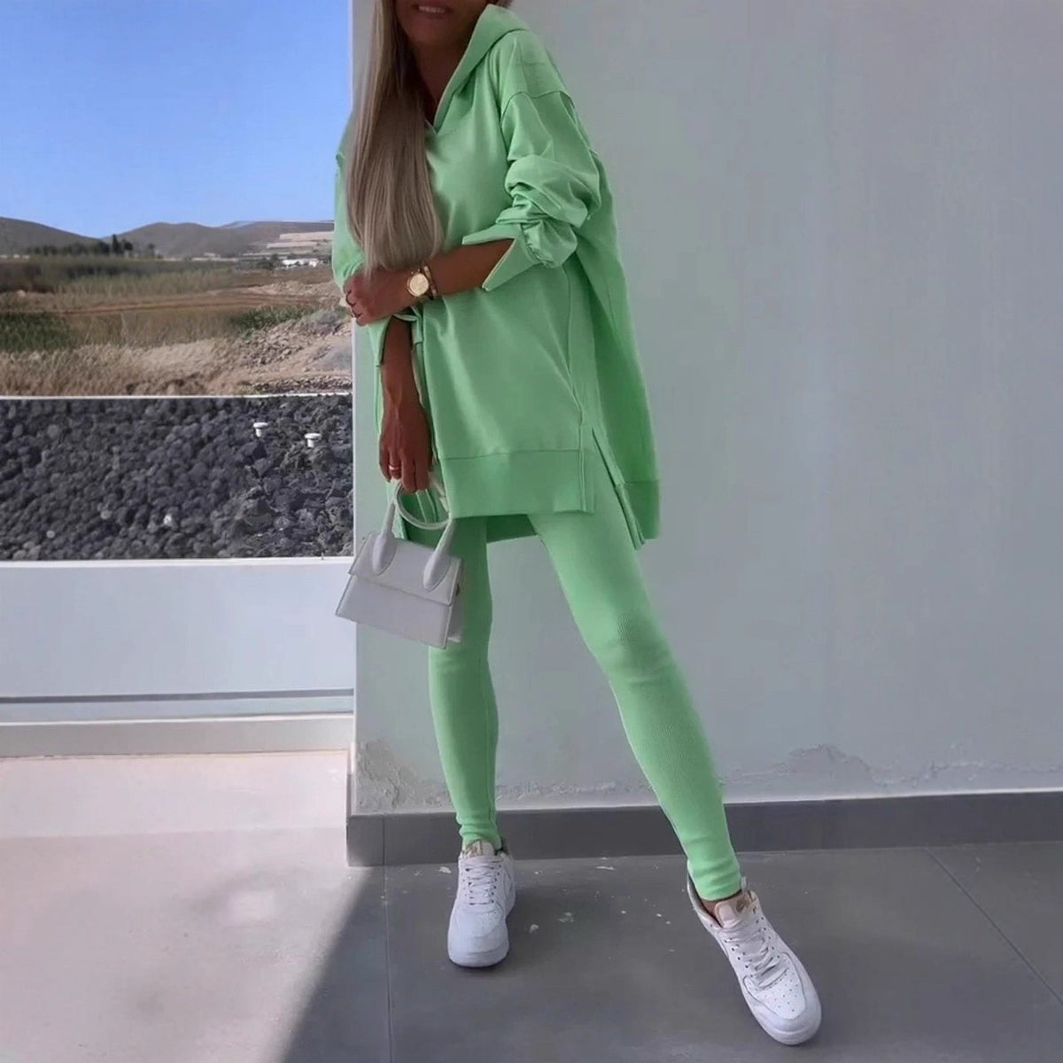 Split Hem Hoodie and Ribbed Leggings Athletic Set