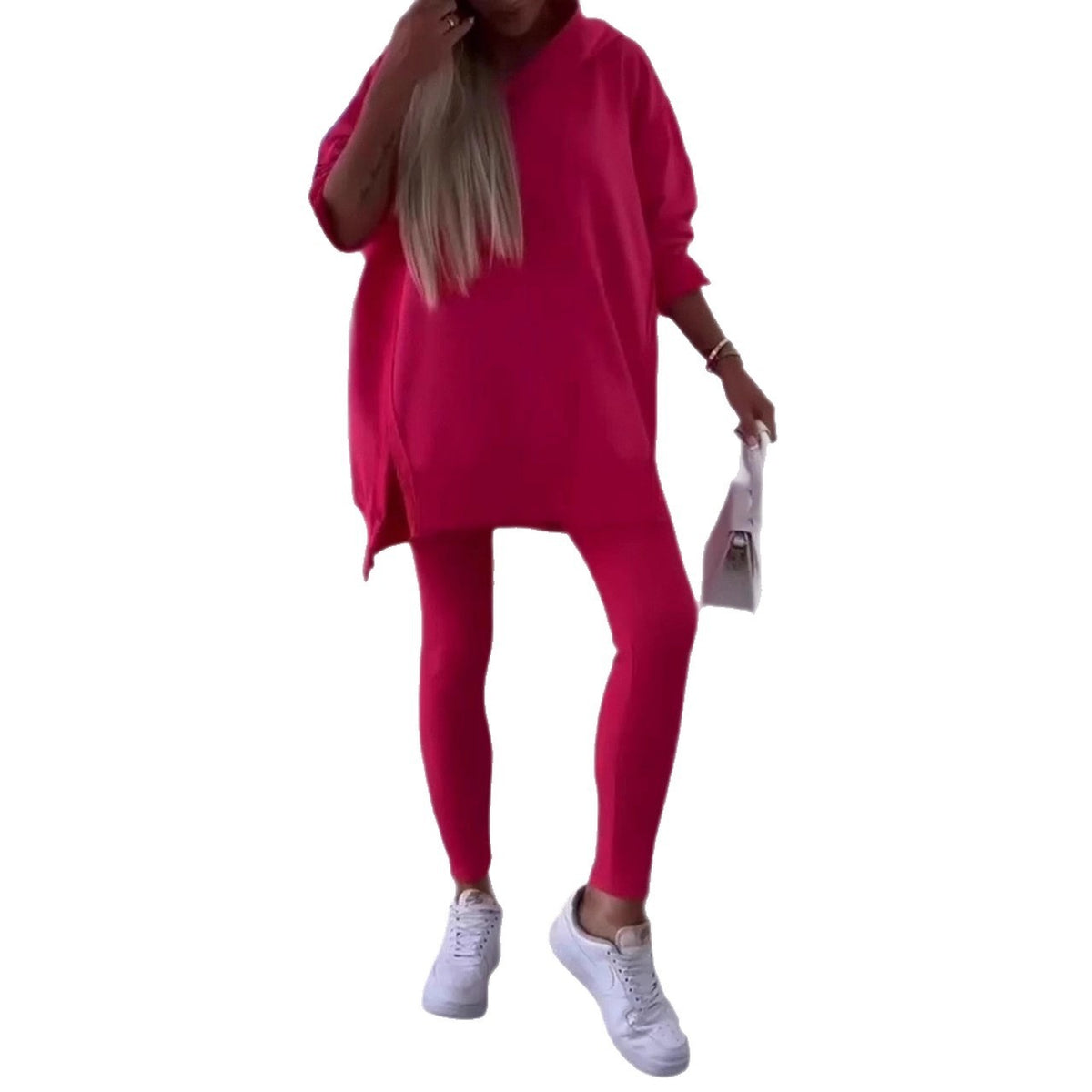 Split Hem Hoodie and Ribbed Leggings Athletic Set