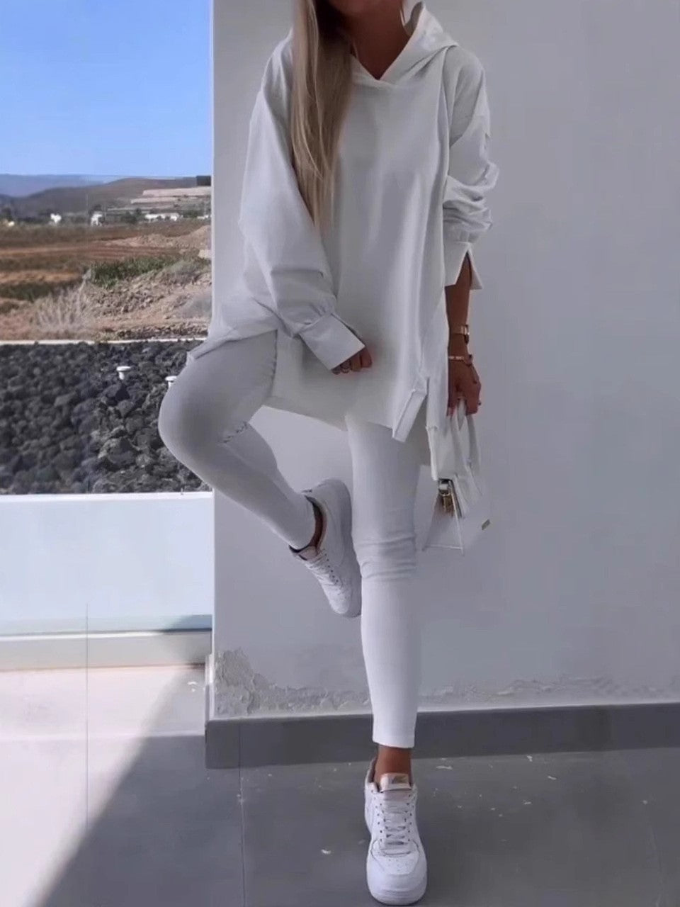 Split Hem Hoodie and Ribbed Leggings Athletic Set
