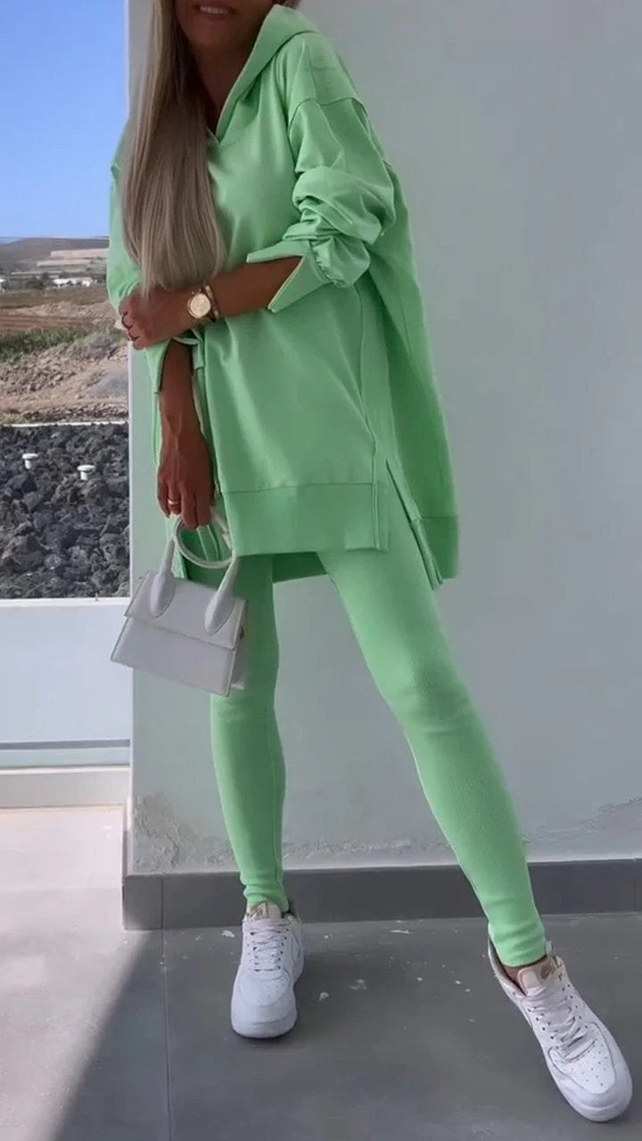 Split Hem Hoodie and Ribbed Leggings Athletic Set