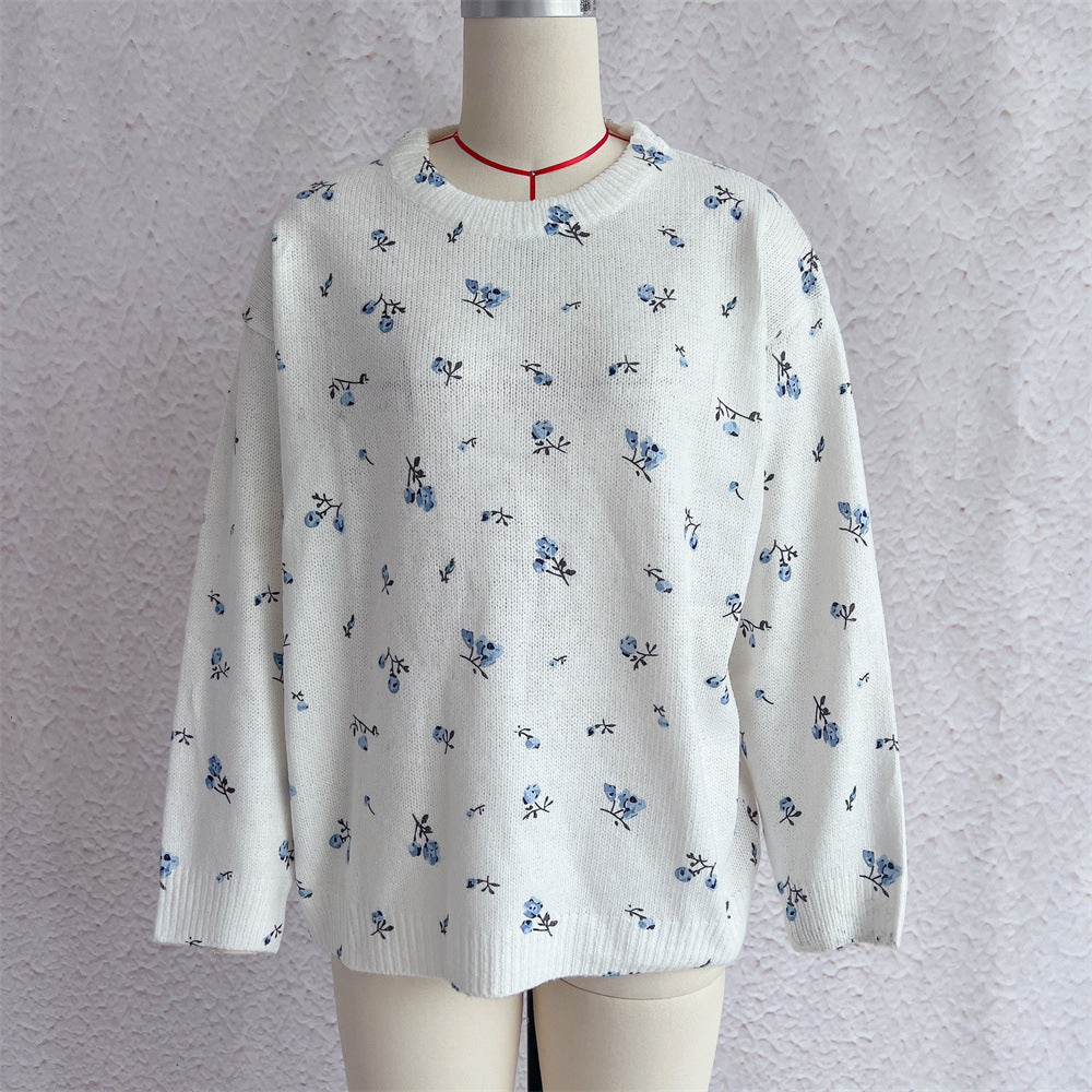Vintage Bloom Print Crewneck Knit Pullover Sweater - White