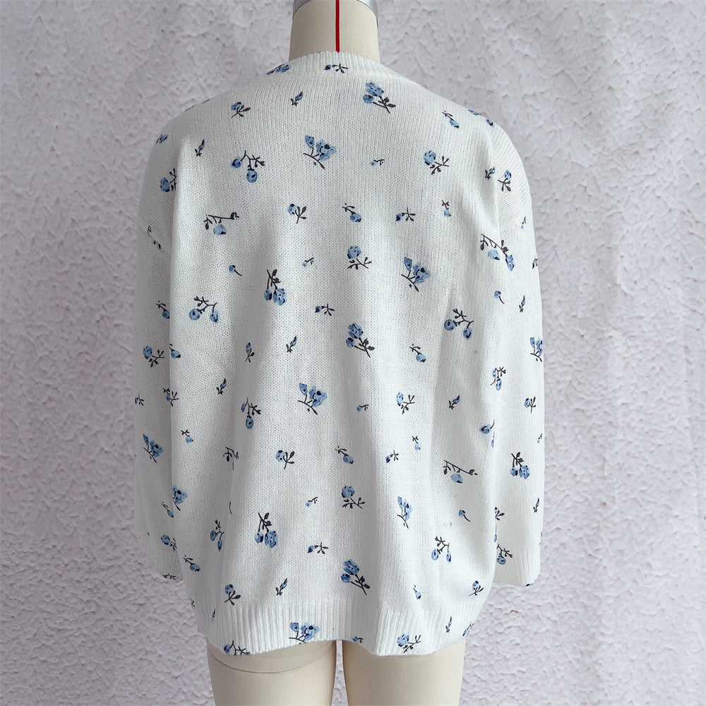 Vintage Bloom Print Crewneck Knit Pullover Sweater - White - 1